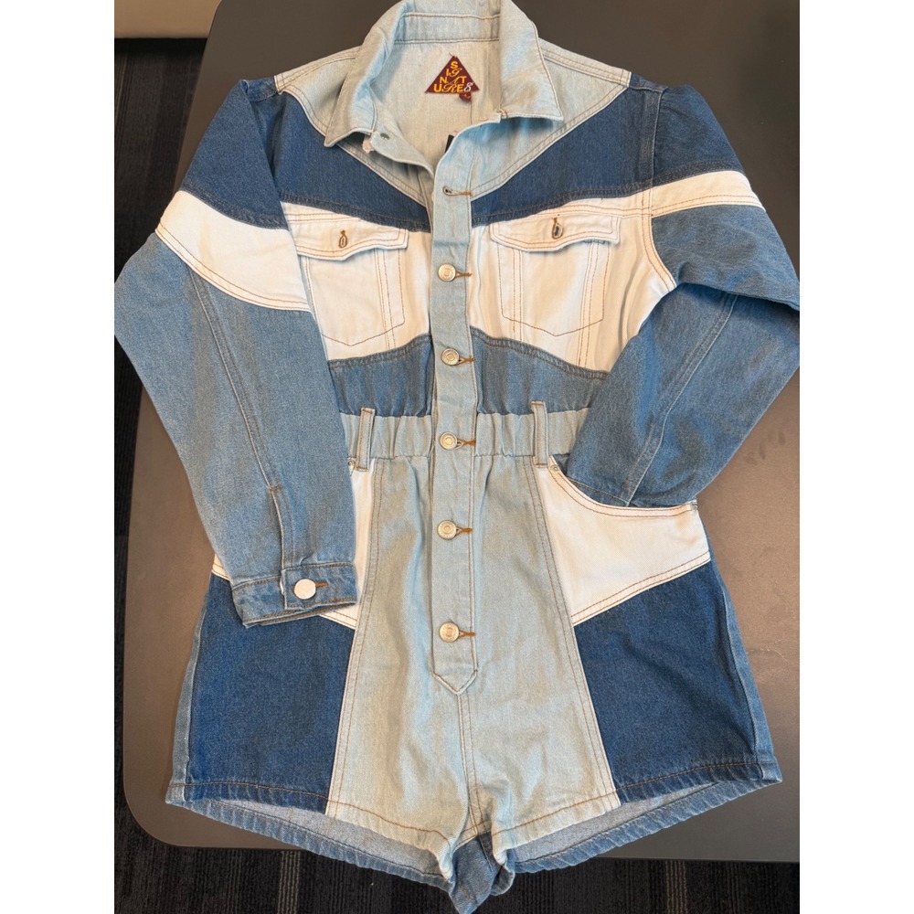 Signature 8 Women Multi Tone Denim Colorblock Romper Long Sleeve Blue Small NEW